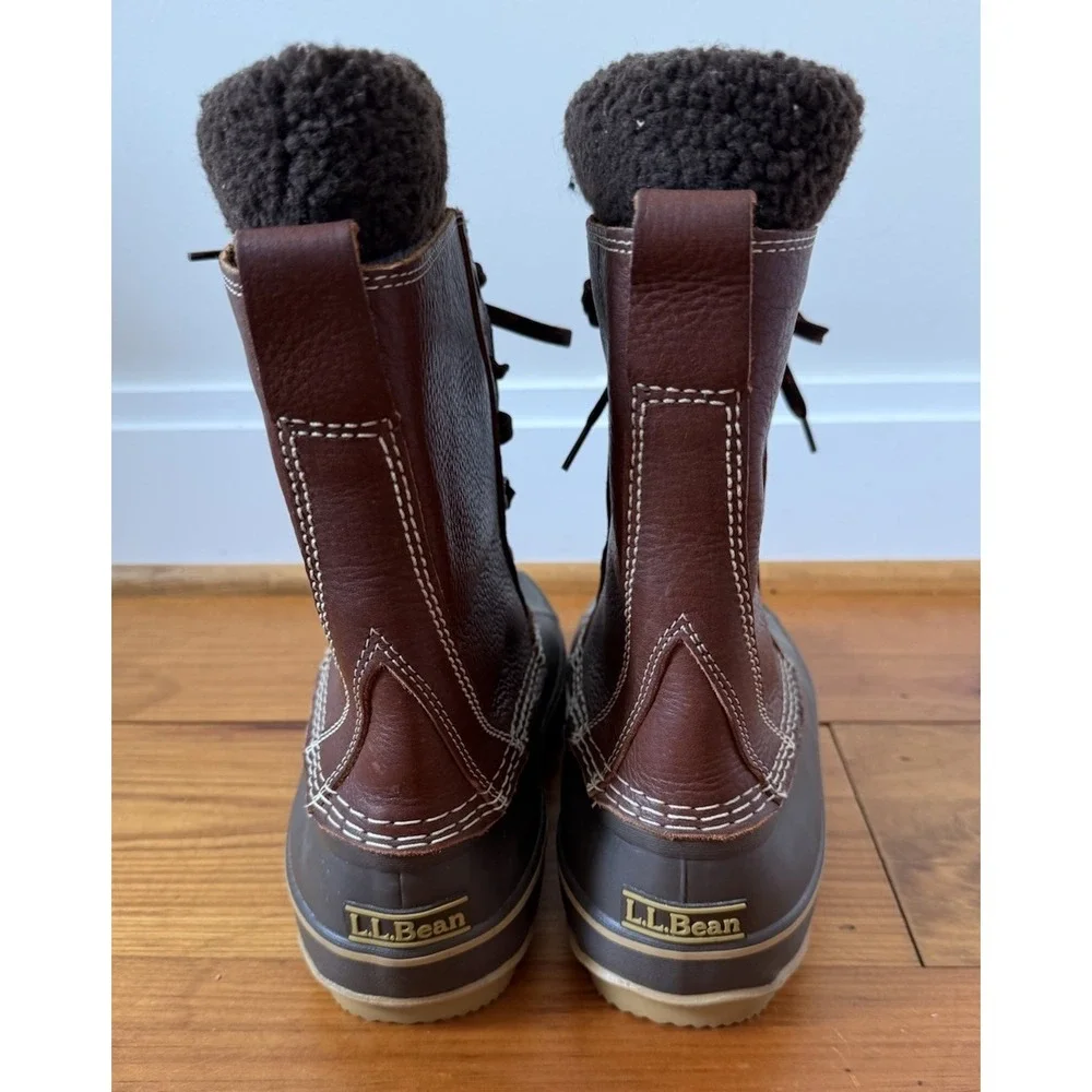 L.L. Bean Men's Snow Boots W/Tumbled Brown Leather Size 10M Felt Faux Fur Insert